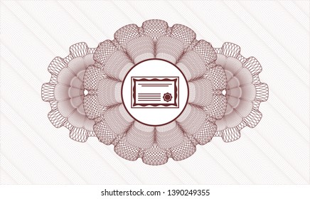 Red money style emblem or rosette with certificate icon inside
