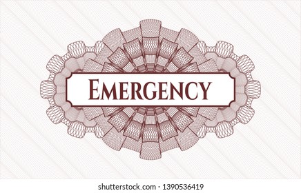 Red money style emblem or rosette with text Emergency inside