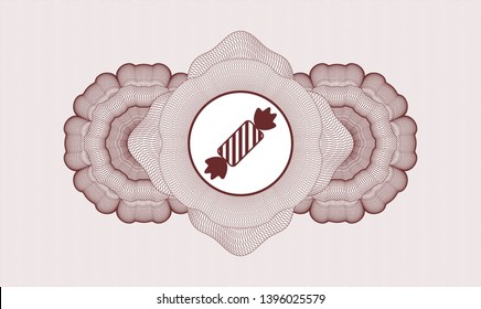 Red money style emblem or rosette with candy icon inside