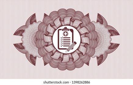 Red money style emblem or rosette with clinic history icon inside