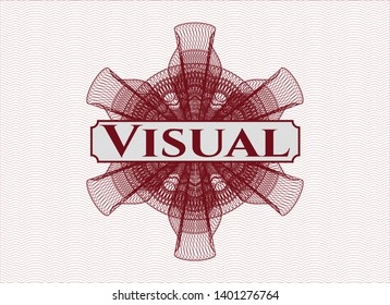 Red money style emblem or rosette with text Visual inside