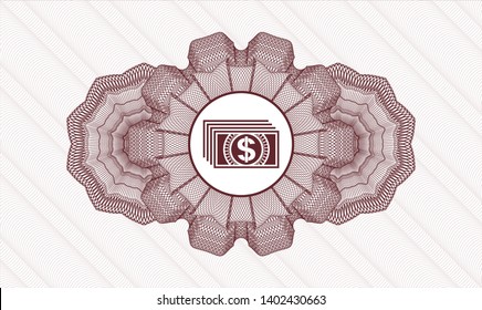 Red money style emblem or rosette with money icon inside