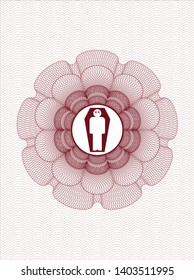 Red money style emblem or rosette with dead man in his coffin icon inside