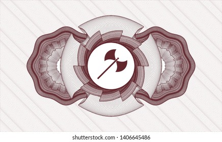 Red money style emblem or rosette with medieval axe icon inside