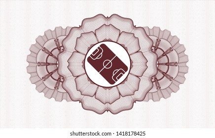Red money style emblem or rosette with football field icon inside