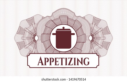Red money style emblem or rosette with cooking pot icon and Appetizing text inside