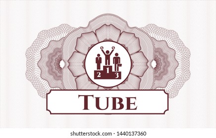 Red money style emblem or rosette with business competition, podium icon and Tube text inside