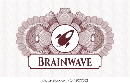 Red money style emblem or rosette with rocket icon and Brainwave text inside