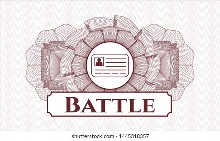 Red money style emblem or rosette with identification card icon and Battle text inside