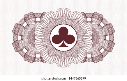 Red money style emblem or rosette with poker clover icon inside