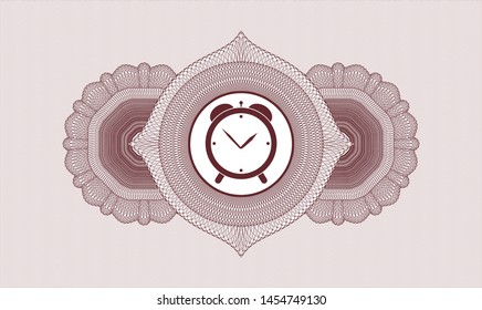 Red money style emblem or rosette with alarm clock icon inside