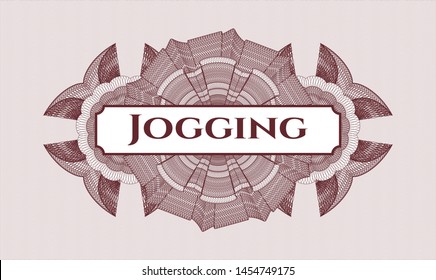 Red money style emblem or rosette with text Jogging inside