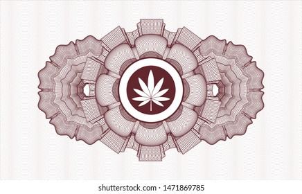 Red money style emblem or rosette with marijuana leaf icon inside
