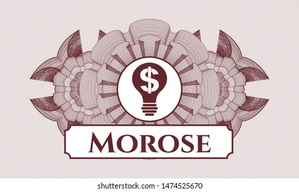 Red money style emblem or rosette with business idea icon and Morose text inside