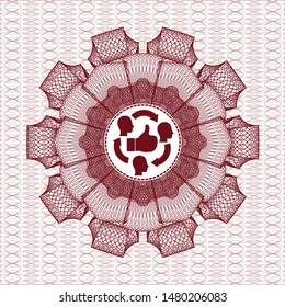 Red money style emblem or rosette with good customer feedback icon inside