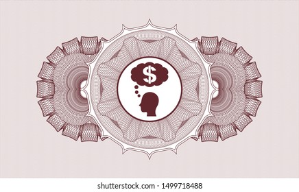 Red money style emblem or rosette with thinking in money icon inside