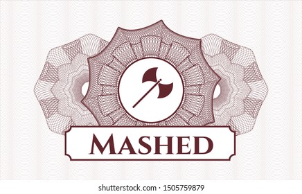 Red money style emblem or rosette with medieval axe icon and Mashed text inside