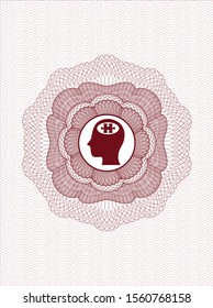 Red money style emblem or rosette with head with jigsaw puzzle piece icon inside