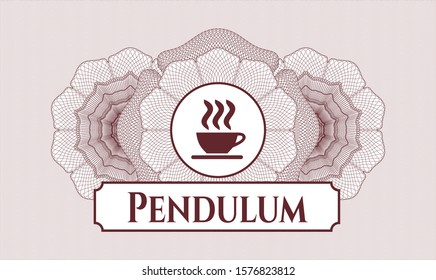 Red money style emblem or rosette with coffee cup icon and Pendulum text inside