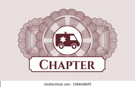 Red money style emblem or rosette with ambulance icon and Chapter text inside