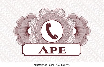 Red money style emblem or rosette with old phone icon and Ape text inside