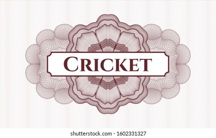 Red money style emblem or rosette with text Cricket inside