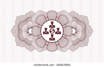 Red money style emblem or rosette with business teamwork and money icon inside