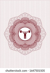 Red money style emblem or rosette with weightlifting icon inside