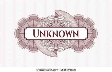 Emblema o rosette de estilo dinero rojo con texto Desconocido dentro