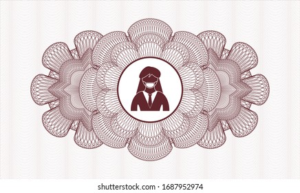 Red money style emblem or rosette with woman wearing face mask icon inside