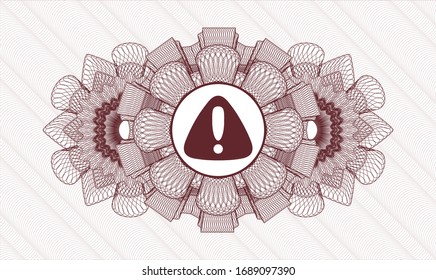 Red money style emblem or rosette with warning icon inside