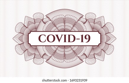 Red money style emblem or rosette. Vector Illustration. Detailed with text COVID-19 inside