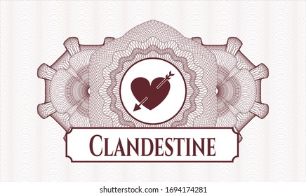 Red money style emblem or rosette with heart with arrow icon and Clandestine text inside