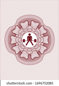 Red money style emblem or rosette with sumo deadlift icon inside
