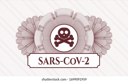 Red money style emblem or rosette with crossbones icon and SARS-CoV-2 text inside