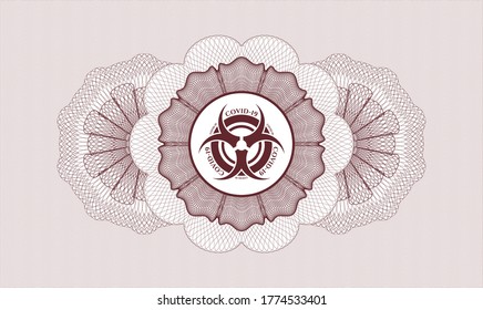Red money style emblem or rosette. Vector Illustration. Detailed with biohazard covid-19 icon inside