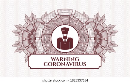 Red money style emblem or rosette. Vector Illustration. Detailed with man wearing face mask icon and Warning Coronavirus text inside