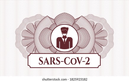 Red money style emblem or rosette. Vector Illustration. Detailed with man wearing face mask icon and SARS-CoV-2 text inside