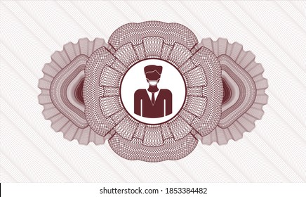 Emblem oder Rosette mit rotem Geld. Vektorgrafik. Detaillierte Angaben mit einem Mann mit einer Gesichtsmaske-Ikone im Inneren