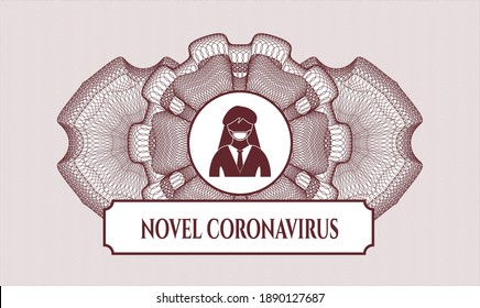 Emblema o rosette del estilo del dinero rojo. Ilustración vectorial. Detallado con mujer con icono de máscara facial y texto de nuevo Coronavirus dentro