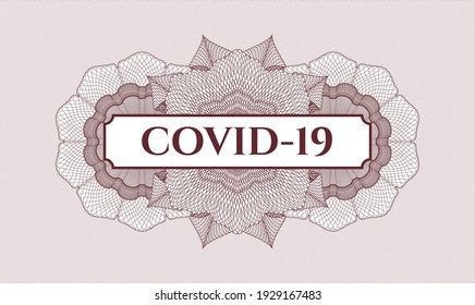 Red money style emblem or rosette. Vector Illustration. Detailed with text COVID-19 inside