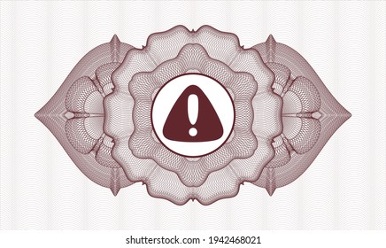 Red money style emblem or rosette. Vector Illustration. Detailed with warning icon inside