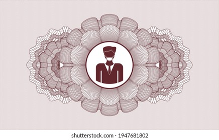 Emblem oder Rosette mit rotem Geld. Vektorgrafik. Detaillierte Angaben mit einem Mann mit einer Gesichtsmaske-Ikone im Inneren