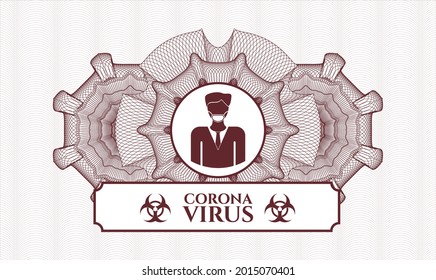 Emblem oder Rosette mit rotem Geld. Vektorgrafik. Detaillierte Angaben mit Mann mit Gesichtsmaske-Symbol und Coronavirus-Text im Inneren