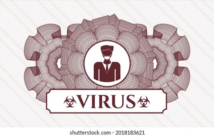 Red money style emblem or rosette. Vector Illustration. Detailed with man wearing face mask icon and Virus text inside
