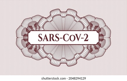 Emblema o rosette del estilo del dinero rojo. Ilustración vectorial. Detallado con el texto SARS-CoV-2 dentro
