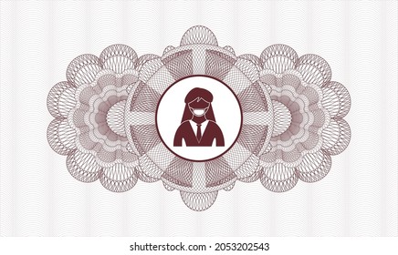 Red money style emblem or rosette. Vector Illustration. Detailed with woman wearing face mask icon inside