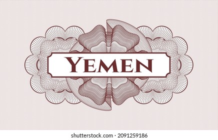 Red money style emblem or rosette. Vector Illustration. Detailed with text Yemen inside