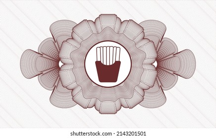 Red money style emblem or rosette. Vector Illustration. Detailed with fries icon inside