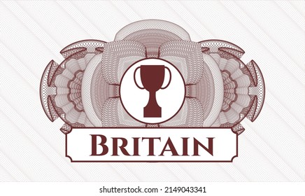 Red money style emblem or rosette. Vector Illustration. Detailed with trophy icon and Britain text inside